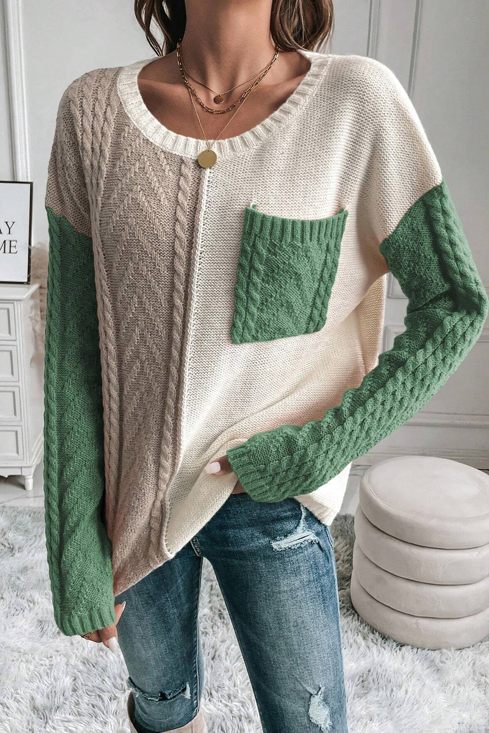 Rose Tan Colorblock Pocket Drop Shoulder Sweater