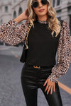 Black Leopard Print Lantern Sleeve Back Keyhole Blouse