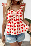 Red Heart Print Bow Front Peplum Sleeveless Top