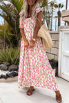 Pink Floral Print Square Neck Ruffled Strap Maxi Dress