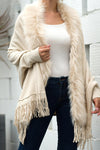 Apricot Fur Collar Fringe Hem Poncho