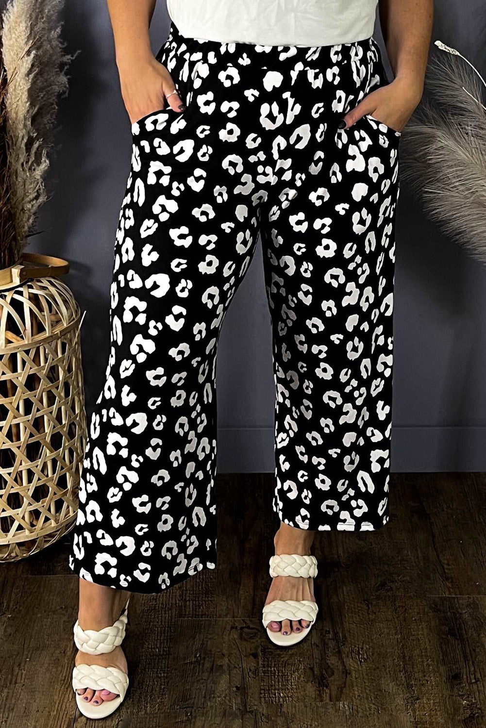 Leopard Print Wide Leg Pockets Plus Size Pants