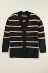 Black Stripe Buttoned V Neck Drop Shoulder Loose Cardigan