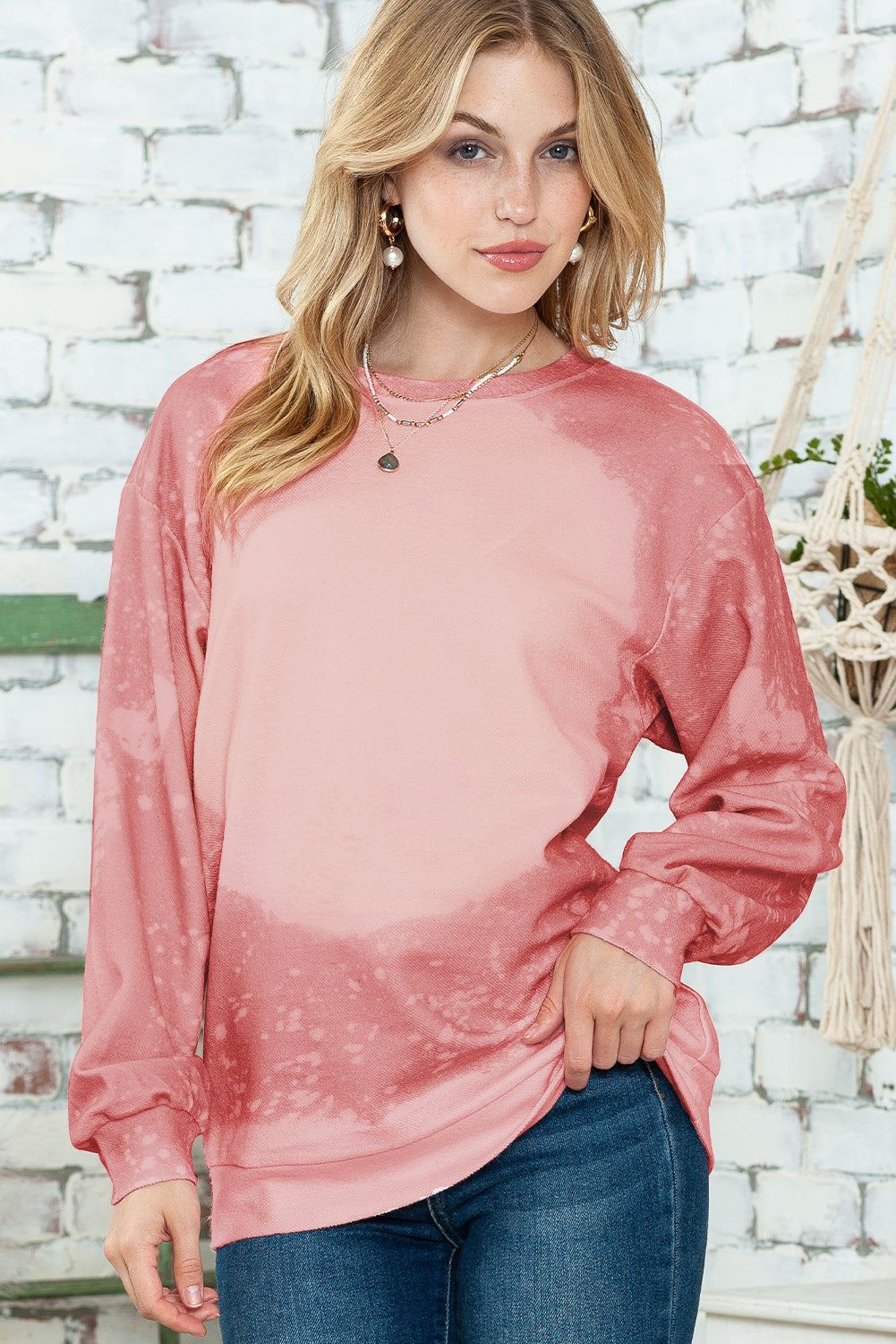 Pink Bleached Round Neck Pullover Sweatshirt