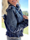 Navy Blue Ruffle Raw Hem Flap Pockets Denim Jacket