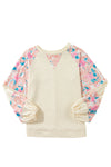 Apricot Crinkle Rib Floral Patchwork Balloon Sleeve Top