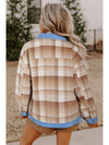 Light Beige Plaid Patchwork Flap Pocket Button Up Shacket