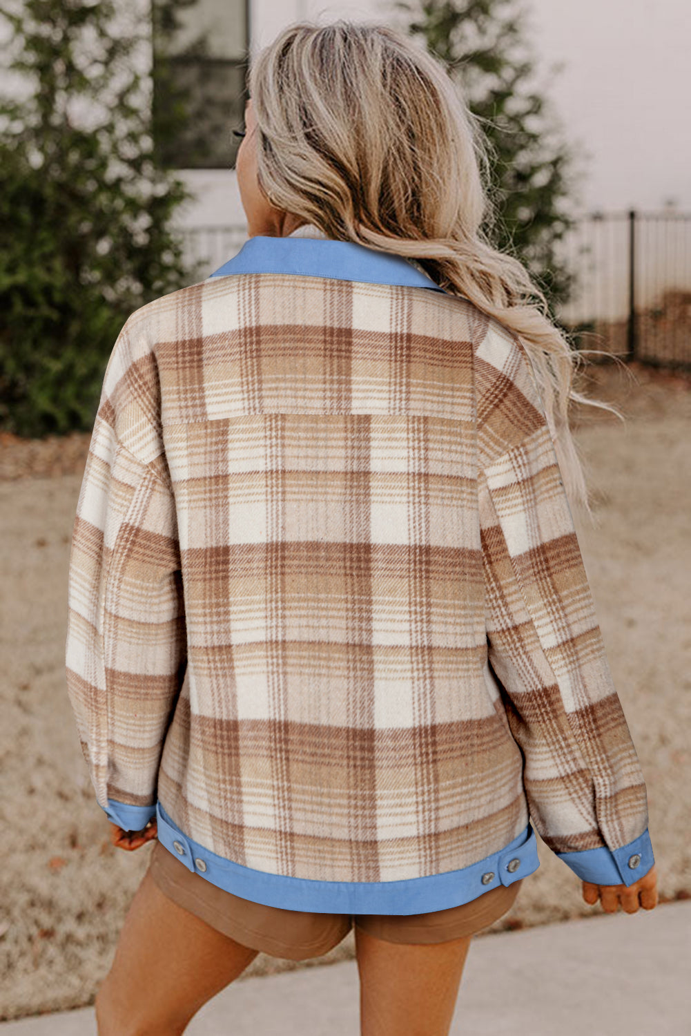 Light Beige Plaid Patchwork Flap Pocket Button Up Shacket