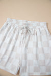 Beige Checkered V Neck Tee and Drawstring Shorts Pajama Set