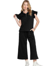 Black Textured Ruffle Cap Sleeve Top and Wide Leg Pants Set