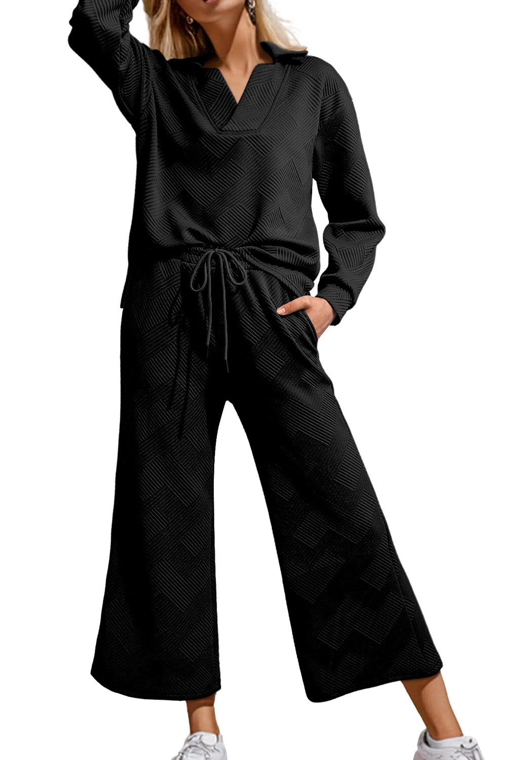 Bonbon Solid Textured Collared V Neck Top and Wide Leg Pants Set