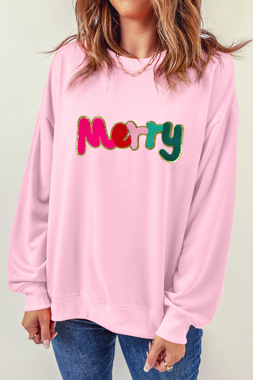 Pink Merry Christmas Round Neck Graphic Sweatshirt