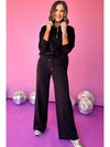 Black Zipper Stand Neck Top and Wide Leg Pants Set