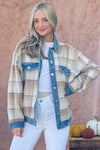 And The Why Full Size Washed Denim Detail Brushed Plaid Jacket - Cocoa Yacht Club