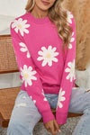 Bright Pink Daisy Ribbed Hem Sweater