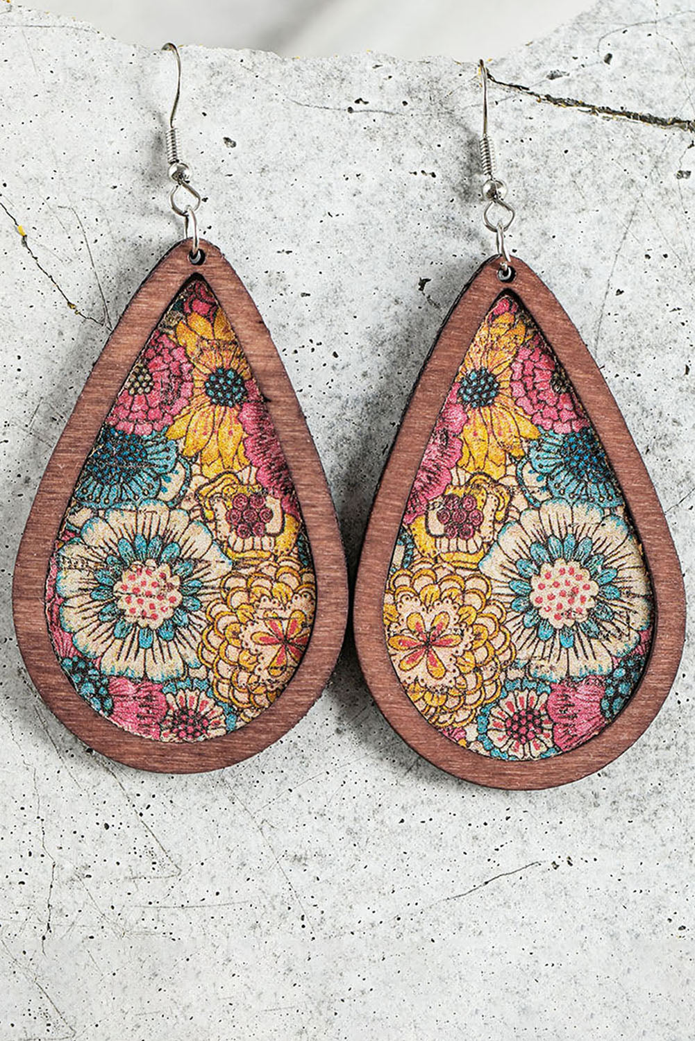 Multicolour Floral Print Contrast Trim Wooden Drop Earrings