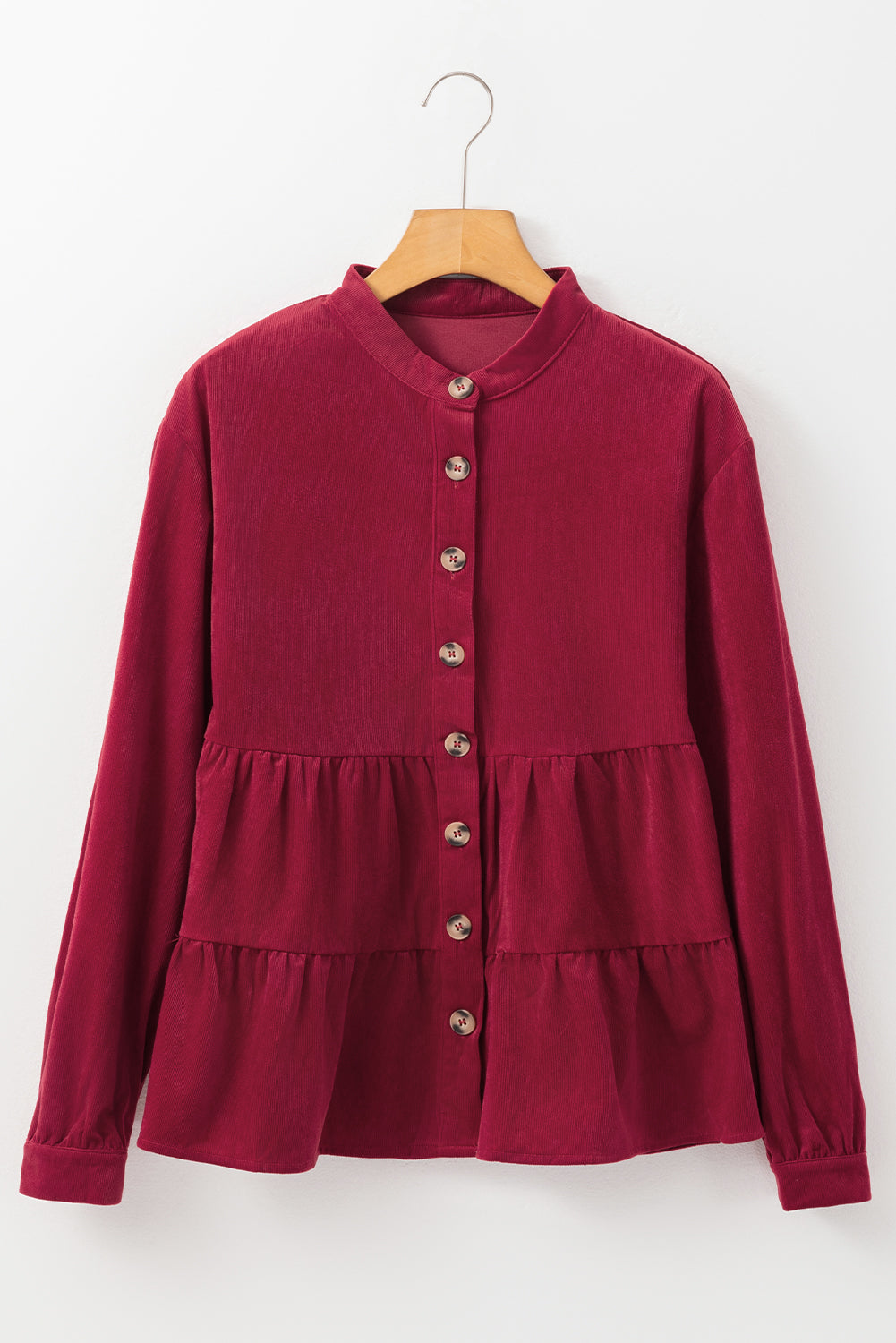 Burgundy Smocked Ruffle Tiered Button-up Shirt