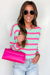 Green Striped Round Neck Colorblock Knit Sweater