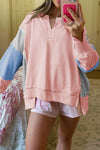 Apricot Pink Exposed Seam Colorblock Patchwork Split Cuffs Oversized Sweatshirt