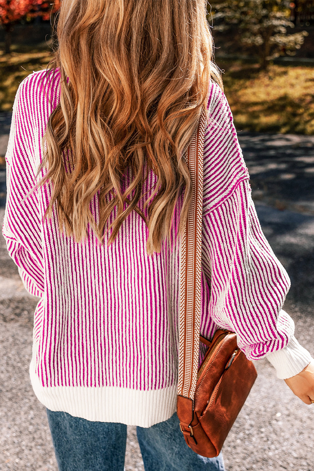 Bright Pink Striped Contrast Trim Loose Sweater