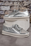 Silvery Rhinestone Metallic Sheen Lace-up Sneakers