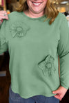 Grass Green Flower Applique Mineral Wash Plus Size Top