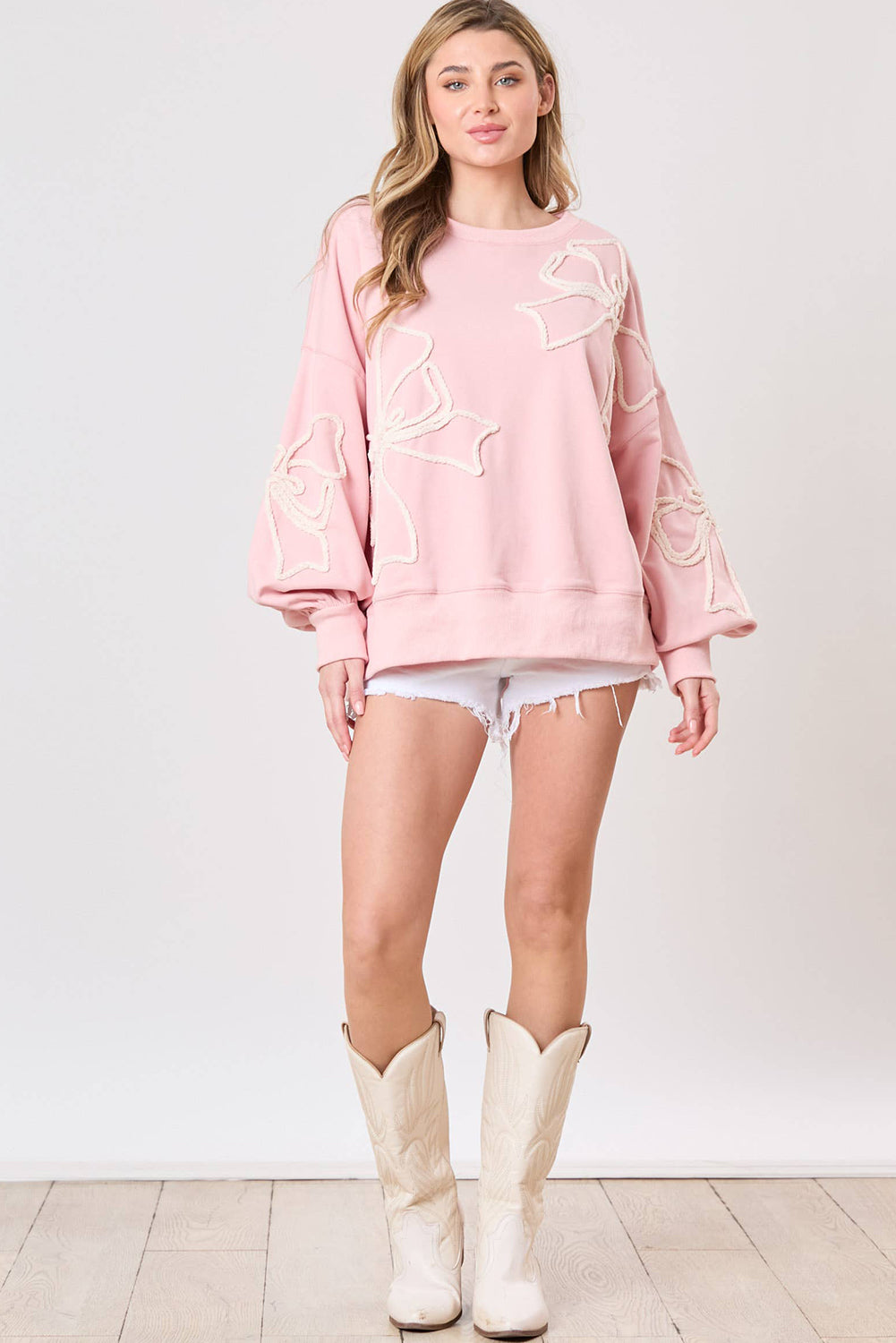 Light Pink Flower Pattern Drop Shoulder Loose Sweatshirt