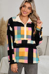 Black Checkered Pocketed Half Button Collared Sweatshirt