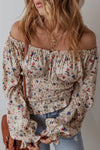 Beige Boho Floral Print Smocked V Neck Peplum Blouse