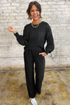 Black Textured Chest Pocket Drop Sleeve Top and Pants Set