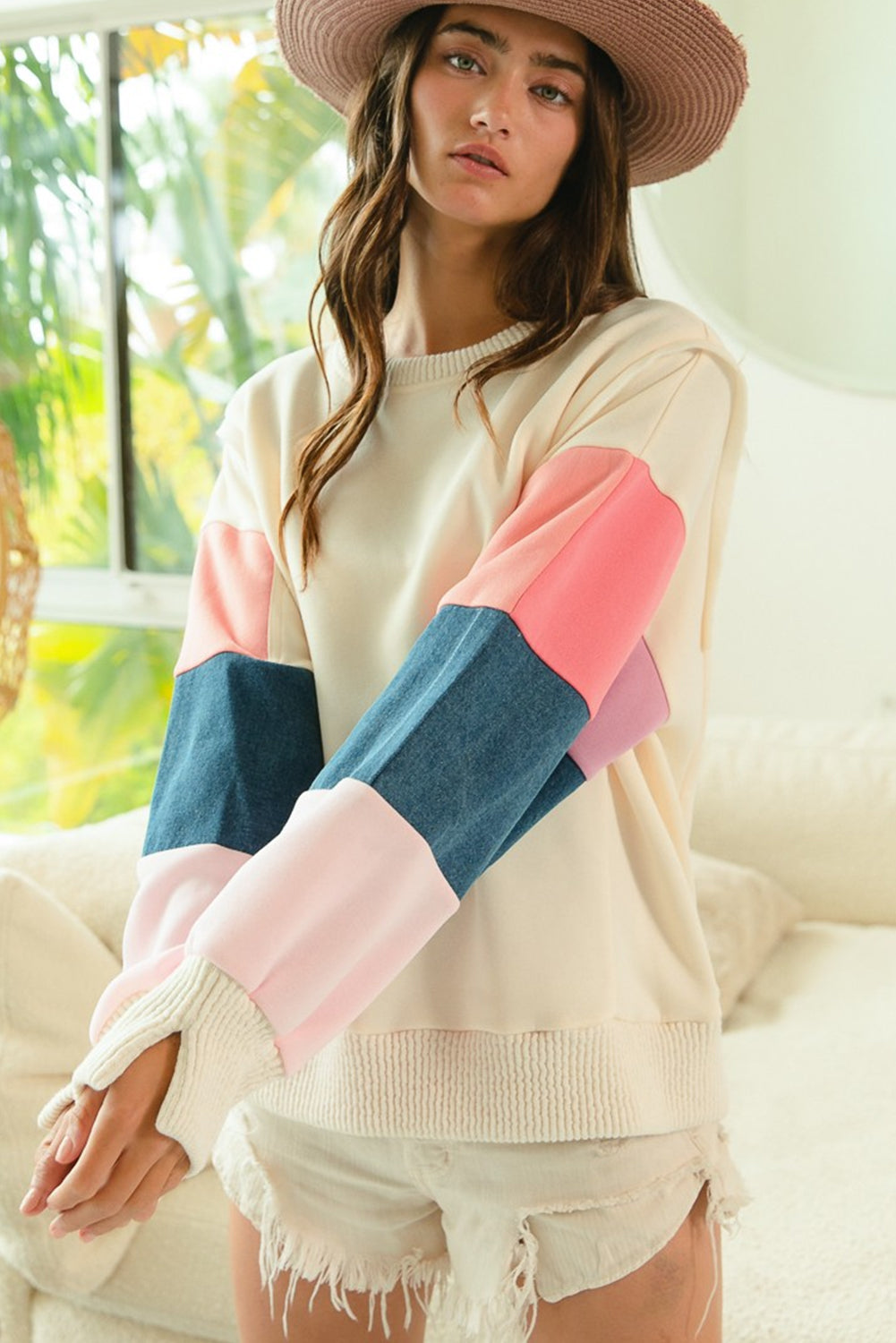 White Color Block Sleeve Ribbed Trim Long Sleeve Top