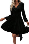 Black Velvet Long Sleeve Surplice High Waist Mini Dress