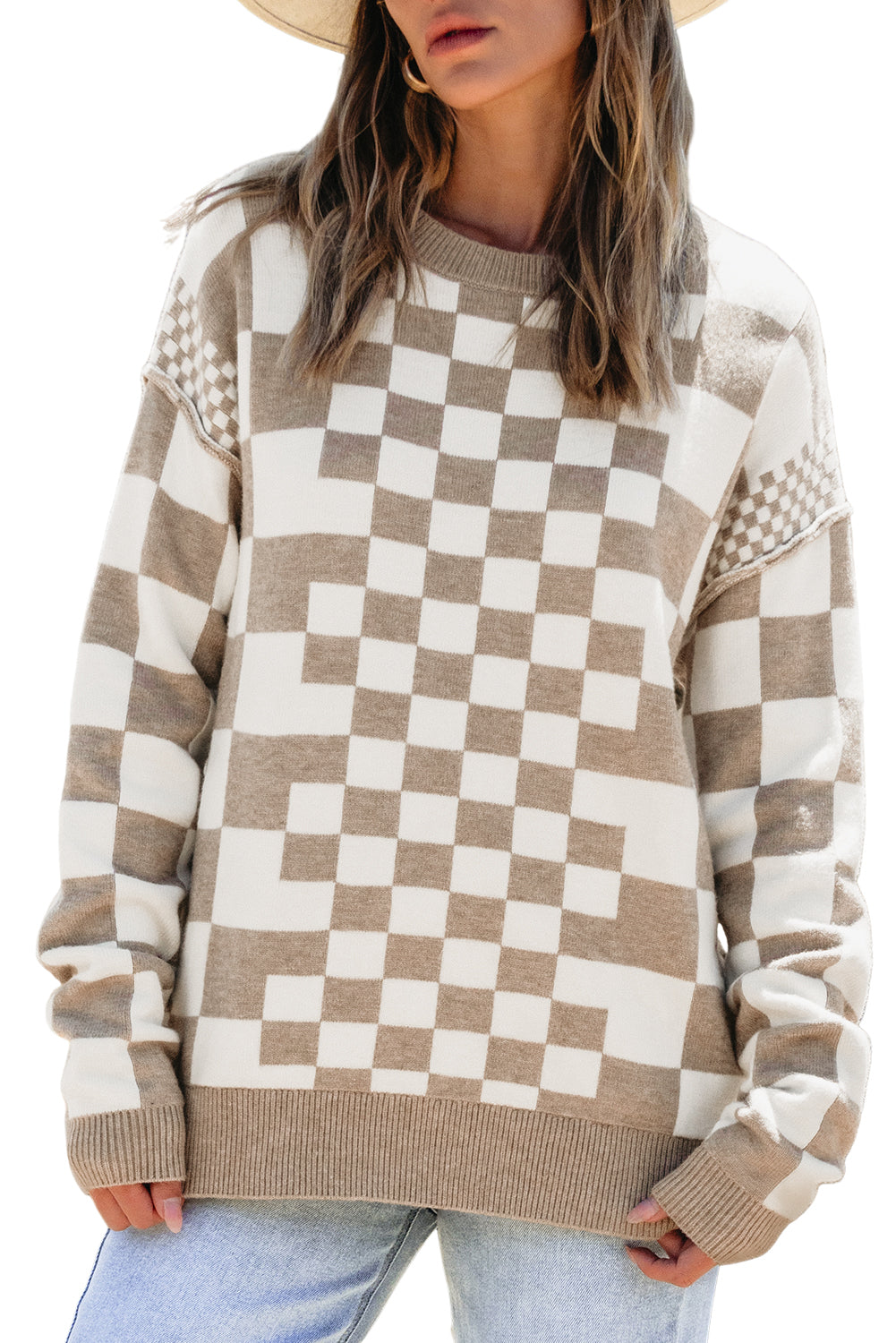 Carrot Checkered Drop Shoulder Round Neck Sweater