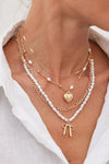 Gold Bow and Heart Pendant Pearl Chain Necklace Set
