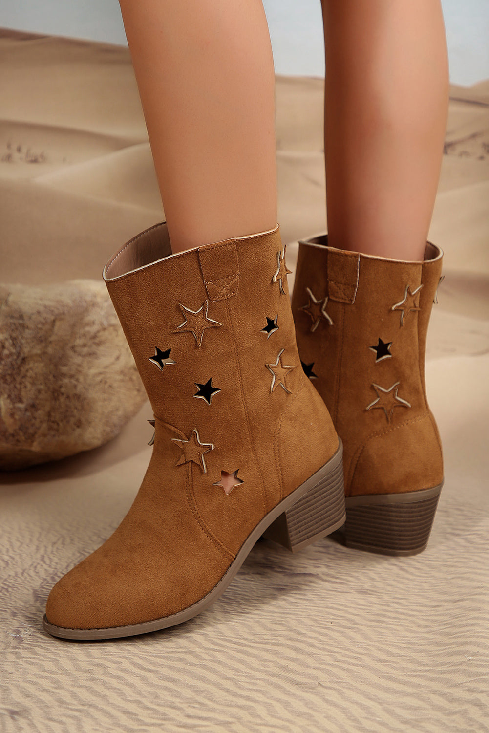 Chestnut Star Decor Suede Chunky Heel Boots