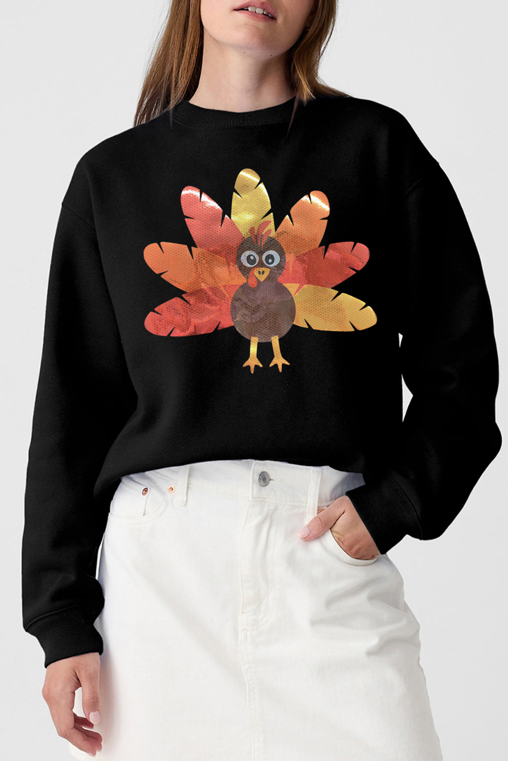 Black Leafy Turkey Graphic Crewneck Thanksgiving Sweatshirt