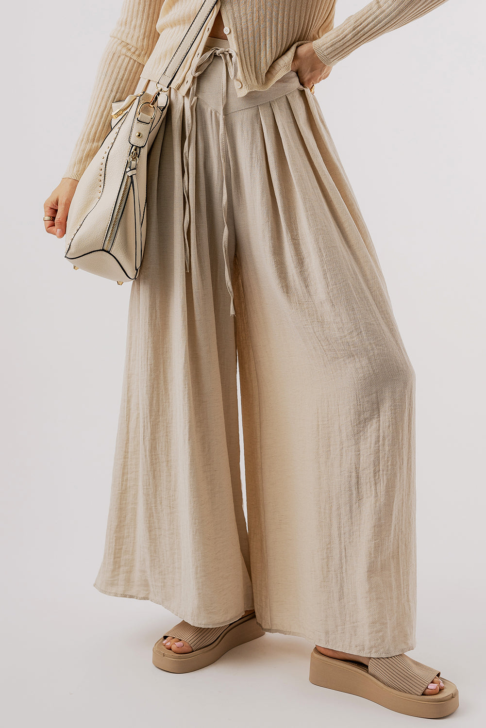 Beige Casual Lace-up Waist Pleated Wide Leg Pants