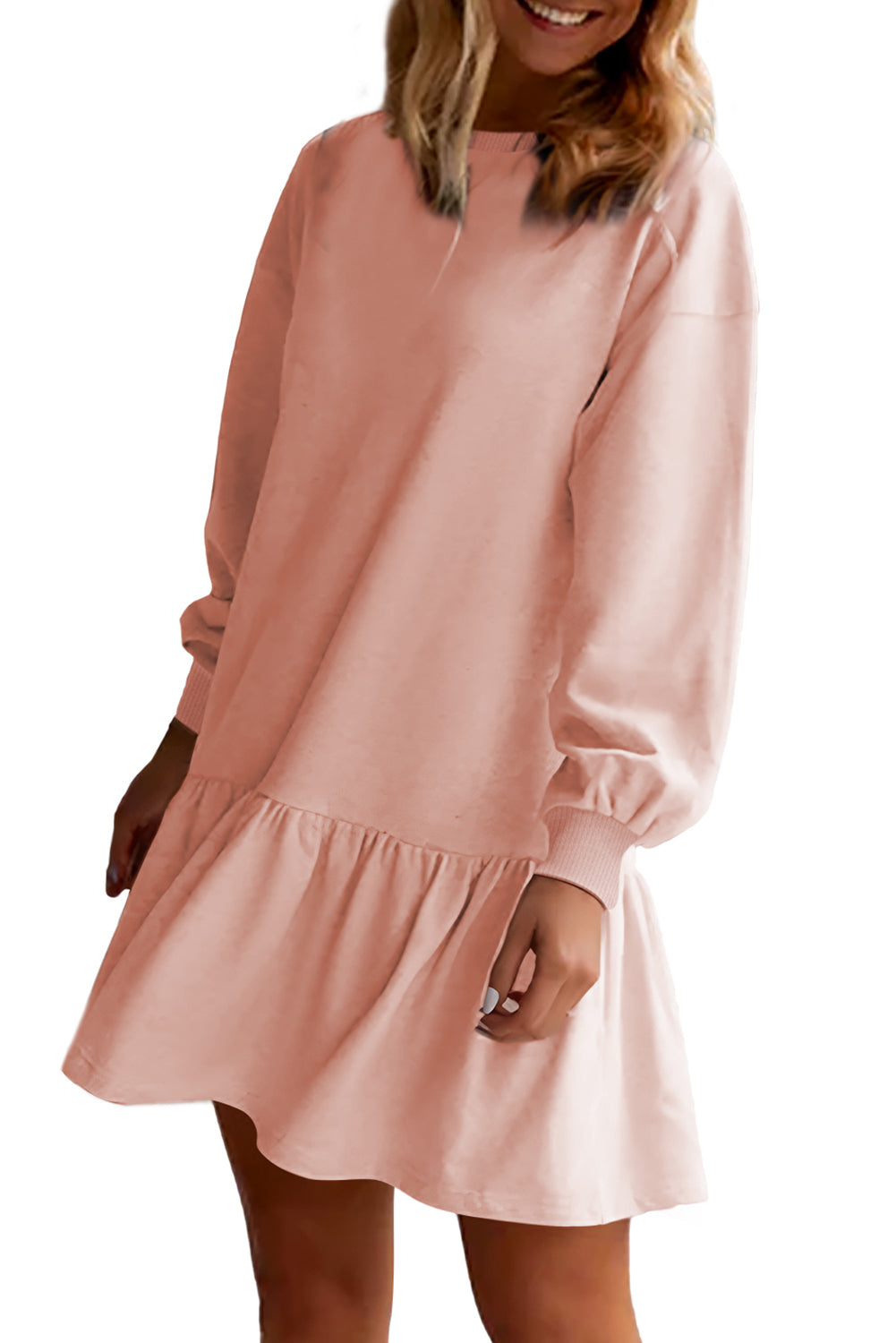 White Solid Color Ruffle Hem Mini Sweatshirt Dress