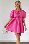 Bright Pink Tie Front Puff Sleeve Mini Dress