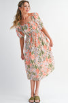 Apricot Pink Floral Knot Front Smocked Bubble Sleeve Dress