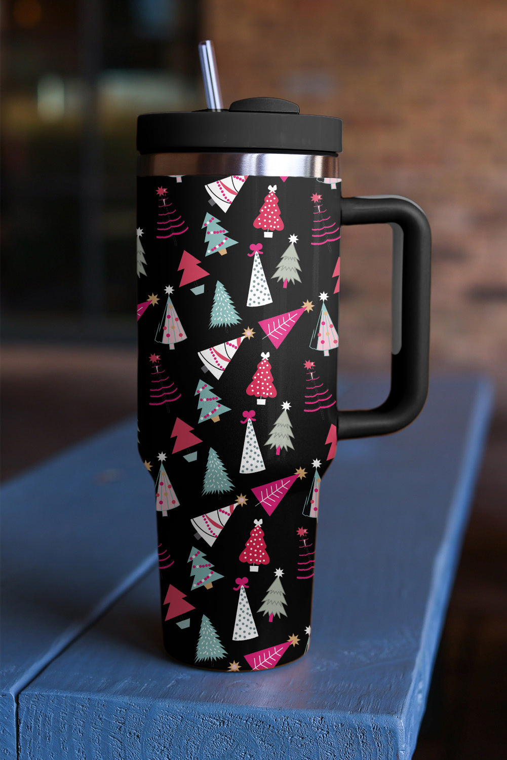 Rose Red Cartoon Christmas Tree Printed Thermos Cup