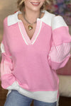 Pink Striped V Neck Collared Colorblock Patchwork Sweater