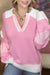 Pink Striped V Neck Collared Colorblock Patchwork Sweater