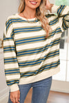 Khaki Striped Crew Neck Drop Shoulder Pullover Sweatshirt