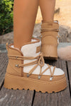 Camel Sherpa PU Leather Patchwork Lace-up Thick Bottom Snow Boots