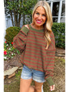 Brown Stripe Round Neck Drop Shoulder Loose Sweater