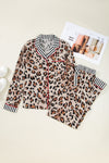 Khaki Leopard Print Colorblock Striped Patchwork Shirt and Pants Pajama Set
