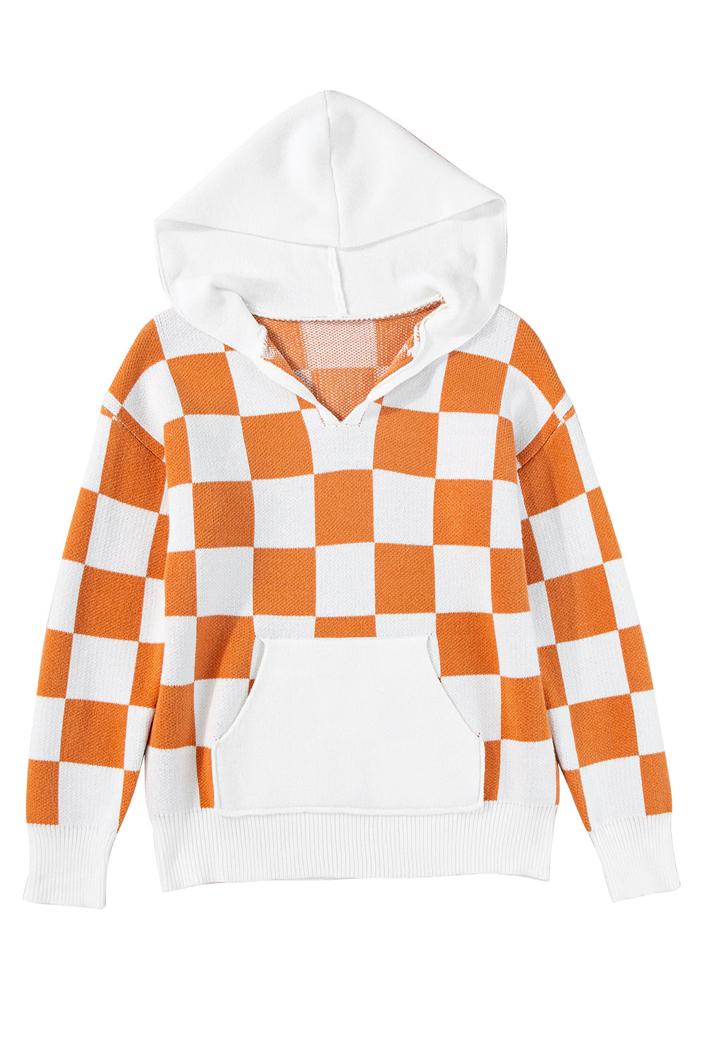 Gold Flame Checkered Split Neck Kangaroo Pocket Hooded Sweater