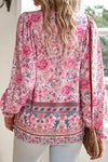 Blouses Pink Boho Floral Print Lace Up V Neck Smocked Sleeve Blouse.