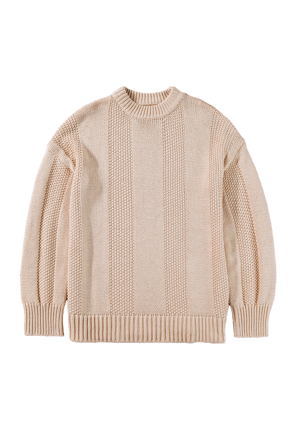 Pale Khaki Solid Color Ribbed Knit Round Neck Sweater